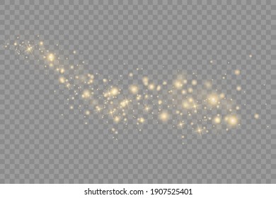 Yellow dust. Beautiful light flashes. Dust particles fly in space. Bokeh effect. Horizontal light rays. Glowing streaks of dust on a dark background