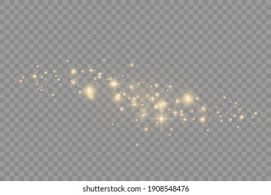 Yellow dust. Beautiful light flashes. Dust particles fly in space. Bokeh effect. Horizontal light rays. Glowing streaks of dust on a dark background