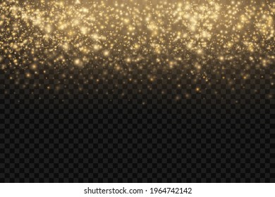 Yellow dust. Beautiful light flashes. Dust particles fly in space. Bokeh effect. Horizontal light rays. Glowing streaks of dust on a dark background