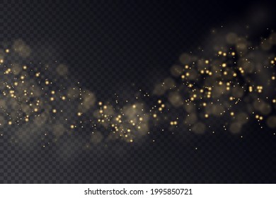 Yellow dust. Beautiful light flashes. Dust particles fly in space. Bokeh effect. Horizontal light rays. Glowing streaks of dust on a dark background