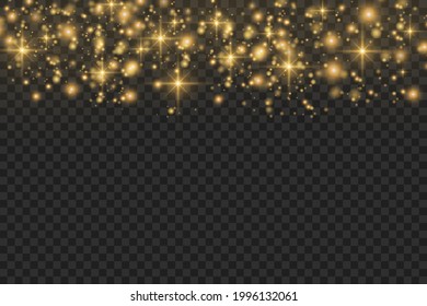 Polvo amarillo. Se enciende una luz preciosa. Las partículas de polvo vuelan en el espacio. Efecto Bokeh. Rayos horizontales de luz. Rasgos brillantes de polvo sobre un fondo oscuro
