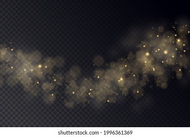 Yellow dust. Beautiful light flashes. Dust particles fly in space. Bokeh effect. Horizontal light rays. Glowing streaks of dust on a dark background