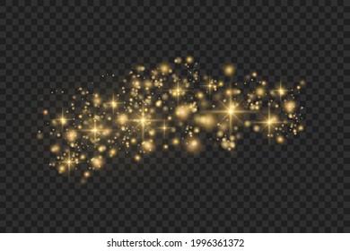 Yellow dust. Beautiful light flashes. Dust particles fly in space. Bokeh effect. Horizontal light rays. Glowing streaks of dust on a dark background
