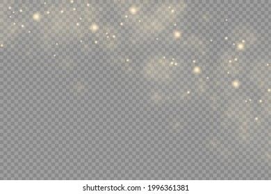 Polvo amarillo. Se enciende una luz preciosa. Las partículas de polvo vuelan en el espacio. Efecto Bokeh. Rayos horizontales de luz. Rasgos brillantes de polvo sobre un fondo oscuro