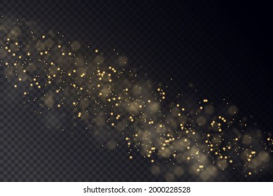 Yellow dust. Beautiful light flashes. Dust particles fly in space. Bokeh effect. Horizontal light rays. Glowing streaks of dust on a dark background