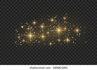 Yellow dust. Beautiful light flashes. Dust particles fly in space. Bokeh effect. Horizontal light rays. Glowing streaks of dust on a dark background