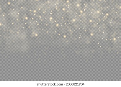 Yellow dust. Beautiful light flashes. Dust particles fly in space. Bokeh effect. Horizontal light rays. Glowing streaks of dust on a dark background