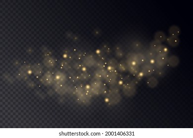 Yellow dust. Beautiful light flashes. Dust particles fly in space. Bokeh effect. Horizontal light rays. Glowing streaks of dust on a dark background