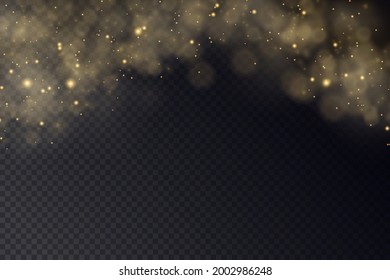 Yellow dust. Beautiful light flashes. Dust particles fly in space. Bokeh effect. Horizontal light rays. Glowing streaks of dust on a dark background