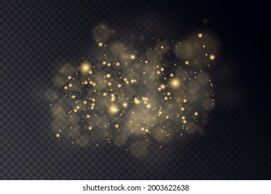 Yellow dust. Beautiful light flashes. Dust particles fly in space. Bokeh effect. Horizontal light rays. Glowing streaks of dust on a dark background