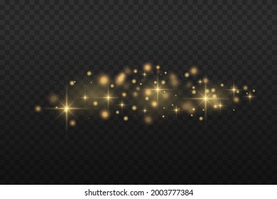 Polvo amarillo. Se enciende una luz preciosa. Las partículas de polvo vuelan en el espacio. Efecto Bokeh. Rayos horizontales de luz. Rasgos brillantes de polvo sobre un fondo oscuro