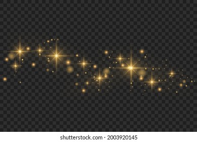 Yellow dust. Beautiful light flashes. Dust particles fly in space. Bokeh effect. Horizontal light rays. Glowing streaks of dust on a dark background