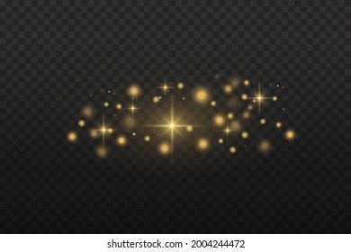 Yellow dust. Beautiful light flashes. Dust particles fly in space. Bokeh effect. Horizontal light rays. Glowing streaks of dust on a dark background