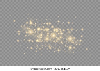 Yellow dust. Beautiful light flashes. Dust particles fly in space. Bokeh effect. Horizontal light rays. Glowing streaks of dust on a dark background