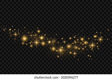 Polvo amarillo. Se enciende una luz preciosa. Las partículas de polvo vuelan en el espacio. Efecto Bokeh. Rayos horizontales de luz. Rasgos brillantes de polvo sobre un fondo oscuro
