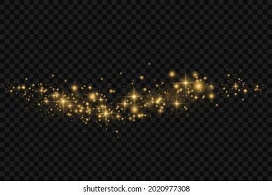 Yellow dust. Beautiful light flashes. Dust particles fly in space. Bokeh effect. Horizontal light rays. Glowing streaks of dust on a dark background