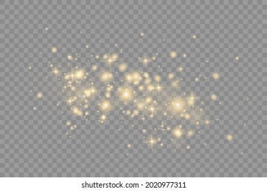 Yellow dust. Beautiful light flashes. Dust particles fly in space. Bokeh effect. Horizontal light rays. Glowing streaks of dust on a dark background