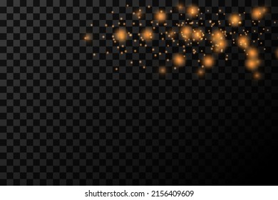 Gelber Staub. Schönes Licht blinkt. Staubpartikel fliegen im All. Bokeh-Effekt. Bannervorlage auf transparentem Hintergrund