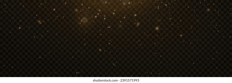 Polvo amarillo. Se enciende una luz preciosa. Las partículas de polvo vuelan en el espacio. Efecto Bokeh. Sobre un fondo transparente.