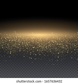 Yellow dust. Bokeh effect. Beautiful light flashes. Dust particles fly in space. horizontal light rays. Glowing streaks of dust on a dark background.