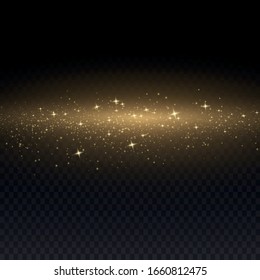 Yellow dust. Bokeh effect. Beautiful light flashes. Dust particles fly in space. horizontal light rays. Glowing streaks of dust on a dark background.