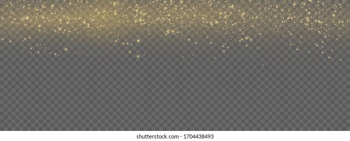 Yellow dust. Bokeh effect. Beautiful light flashes. Dust particles fly in space. horizontal light rays. Glowing streaks of dust on a dark background.