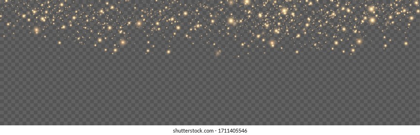 Yellow dust. Bokeh effect. Beautiful light flashes. Dust particles fly in space. horizontal light rays. Glowing streaks of dust on a dark background.