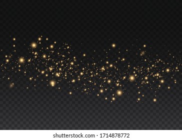 Yellow dust. Bokeh effect. Beautiful light flashes. Dust particles fly in space. horizontal light rays. Glowing streaks of dust on a dark background.