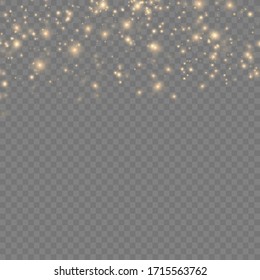 Yellow dust. Bokeh effect. Beautiful light flashes. Dust particles fly in space. horizontal light rays. Glowing streaks of dust on a dark background.