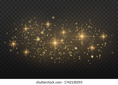 Polvo amarillo. Efecto Bokeh. Se enciende una luz preciosa. Las partículas de polvo vuelan en el espacio. rayos de luz horizontales. Rasgos brillantes de polvo sobre un fondo oscuro.