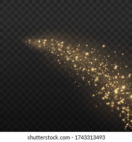 Yellow dust. Bokeh effect. Beautiful light flashes. Dust particles fly in space. horizontal light rays. Glowing streaks of dust on a dark background.