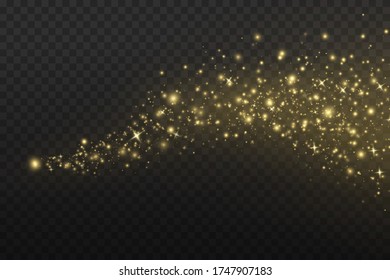 Yellow dust. Bokeh effect. Beautiful light flashes. Dust particles fly in space. horizontal light rays. Glowing streaks of dust on a dark background.