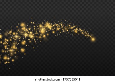 Yellow dust. Bokeh effect. Beautiful light flashes. Dust particles fly in space. horizontal light rays. Glowing streaks of dust on a dark background.