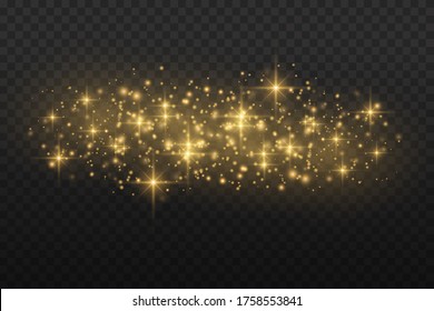 Yellow dust. Bokeh effect. Beautiful light flashes. Dust particles fly in space. horizontal light rays. Glowing streaks of dust on a dark background.