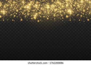 Yellow dust. Bokeh effect. Beautiful light flashes. Dust particles fly in space. horizontal light rays. Glowing streaks of dust on a dark background.
