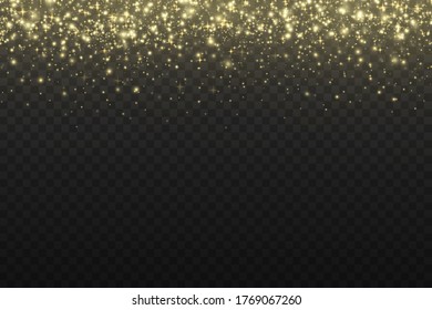 Yellow dust. Bokeh effect. Beautiful light flashes. Dust particles fly in space. horizontal light rays. Glowing streaks of dust on a dark background.