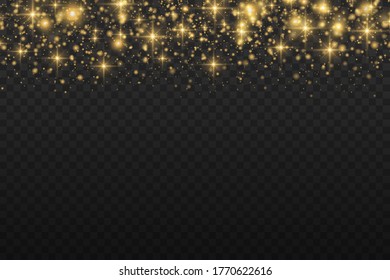 Yellow dust. Bokeh effect. Beautiful light flashes. Dust particles fly in space. horizontal light rays. Glowing streaks of dust on a dark background.