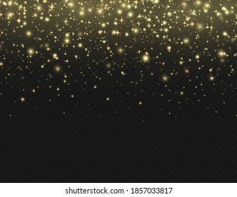 Yellow dust. Bokeh effect. Beautiful light flashes. Dust particles fly in space. horizontal light rays. Glowing streaks of dust on a dark background.