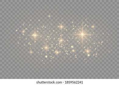 Yellow dust. Bokeh effect. Beautiful light flashes. Dust particles fly in space. horizontal light rays. Glowing streaks of dust on a dark background.