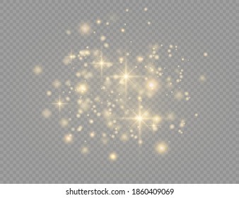 Yellow dust. Bokeh effect. Beautiful light flashes. Dust particles fly in space. horizontal light rays. Glowing streaks of dust on a dark background.