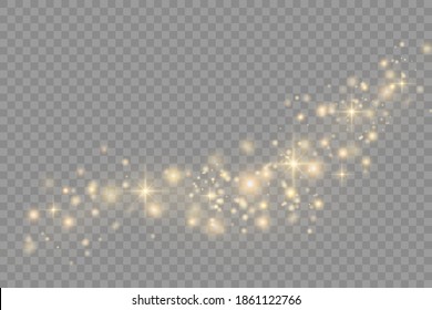 Yellow dust. Bokeh effect. Beautiful light flashes. Dust particles fly in space. horizontal light rays. Glowing streaks of dust on a dark background.