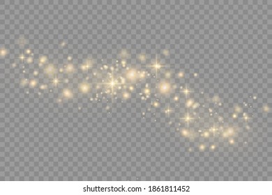 Yellow dust. Bokeh effect. Beautiful light flashes. Dust particles fly in space. horizontal light rays. Glowing streaks of dust on a dark background.