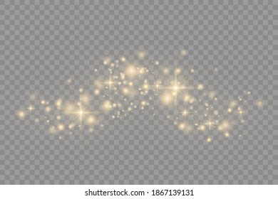 Yellow dust. Bokeh effect. Beautiful light flashes. Dust particles fly in space. horizontal light rays. Glowing streaks of dust on a dark background.