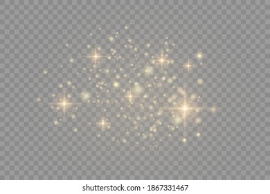 Yellow dust. Bokeh effect. Beautiful light flashes. Dust particles fly in space. horizontal light rays. Glowing streaks of dust on a dark background.