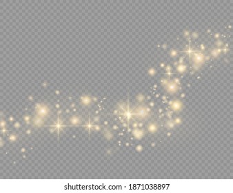 Yellow dust. Bokeh effect. Beautiful light flashes. Dust particles fly in space. horizontal light rays. Glowing streaks of dust on a dark background.