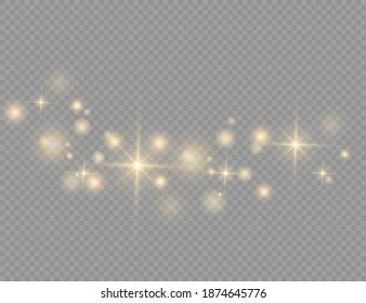 Yellow dust. Bokeh effect. Beautiful light flashes. Dust particles fly in space. horizontal light rays. Glowing streaks of dust on a dark background.