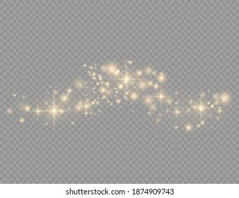 Yellow dust. Bokeh effect. Beautiful light flashes. Dust particles fly in space. horizontal light rays. Glowing streaks of dust on a dark background.