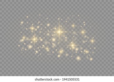 Yellow dust. Bokeh effect. Beautiful light flashes. Dust particles fly in space. horizontal light rays. Glowing streaks of dust on a dark background.