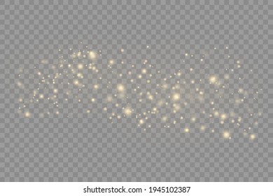 Yellow dust. Bokeh effect. Beautiful light flashes. Dust particles fly in space. horizontal light rays. Glowing streaks of dust on a dark background.