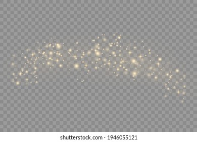Yellow dust. Bokeh effect. Beautiful light flashes. Dust particles fly in space. horizontal light rays. Glowing streaks of dust on a dark background.